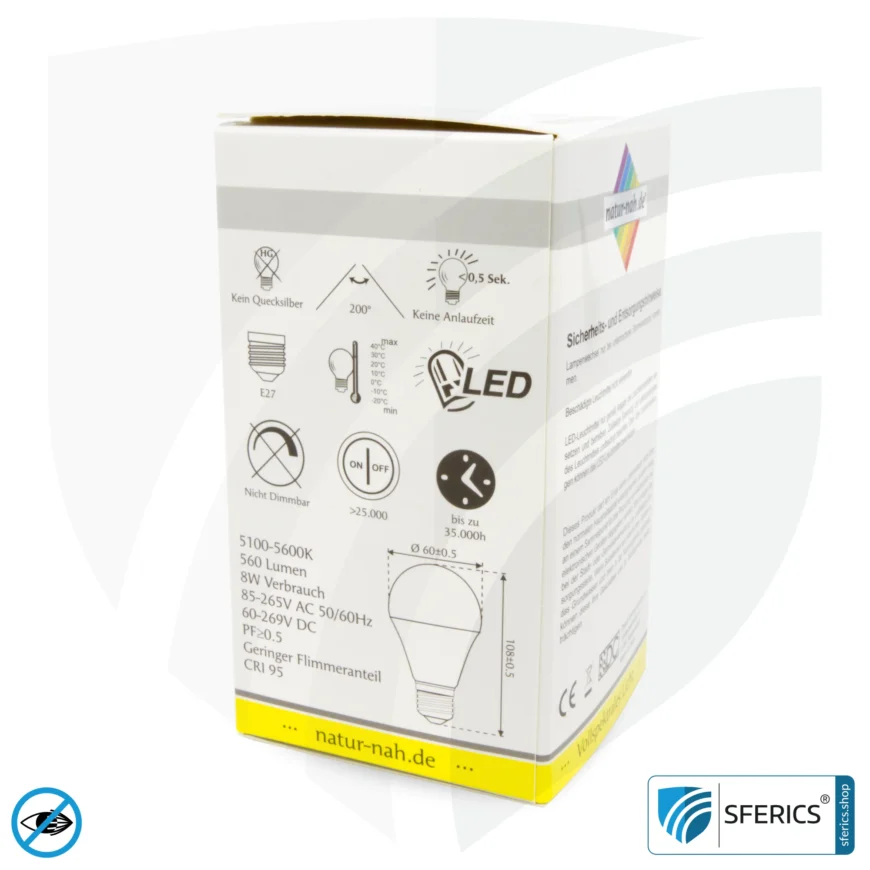 8 Watt LED Vollspektrum | Hell wie 60 Watt, 560 Lumen | CRI 95 | flimmerfrei | Tageslicht | E27 | Business Qualität