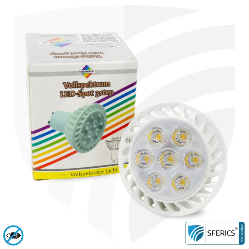 6 Watt LED Spot Vollspektrum 3step | Dimmen ohne Dimmer: Hell wie 35 Watt (100 %), 50 % oder 15 %, 480 Lumen | CRI 95 | flimmerfrei | Tageslicht | GU10 | Business Qualität