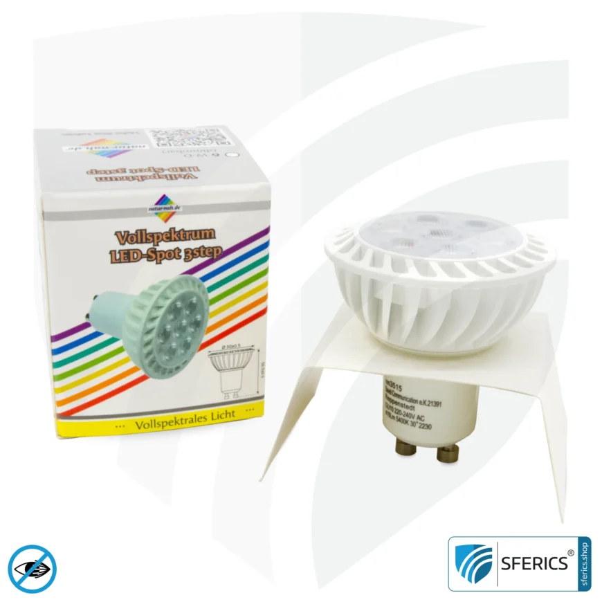 6 Watt LED Spot Vollspektrum 3step | Dimmen ohne Dimmer: Hell wie 35 Watt (100 %), 50 % oder 15 %, 480 Lumen | CRI 95 | flimmerfrei | Tageslicht | GU10 | Business Qualität