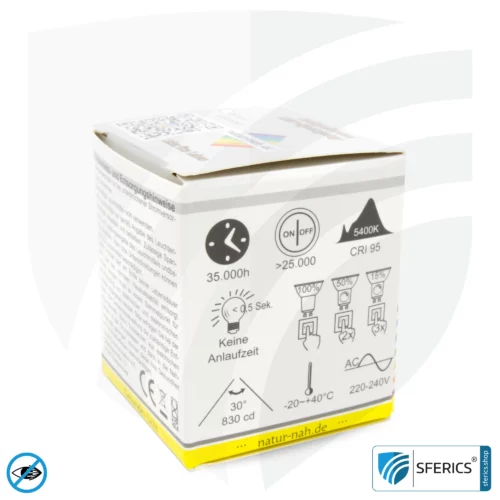 6 Watt LED Spot Vollspektrum 3step | Dimmen ohne Dimmer: Hell wie 35 Watt (100 %), 50 % oder 15 %, 480 Lumen | CRI 95 | flimmerfrei | Tageslicht | GU10 | Business Qualität 19 6 Watt LED Spot Vollspektrum 3step | Dimmen ohne Dimmer: Hell wie 35 Watt (100 %), 50 % oder 15 %, 480 Lumen | CRI 95 | flimmerfrei | Tageslicht | GU10 | Business Qualität