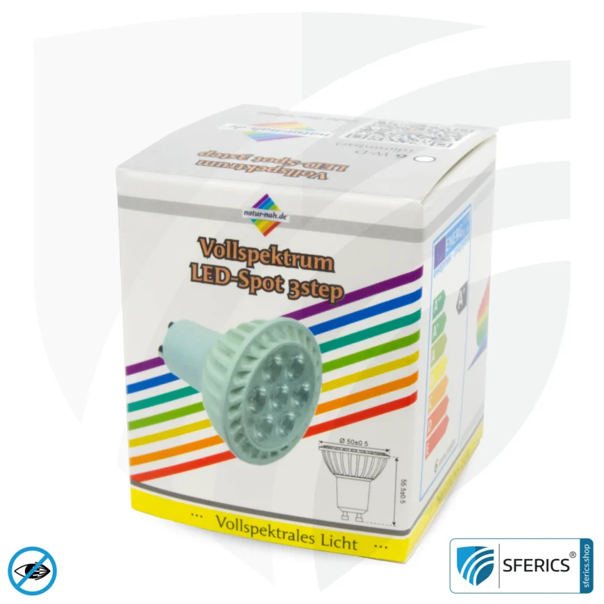 6 Watt LED Spot Vollspektrum 3step | Dimmen ohne Dimmer: Hell wie 35 Watt (100 %), 50 % oder 15 %, 480 Lumen | CRI 95 | flimmerfrei | Tageslicht | GU10 | Business Qualität
