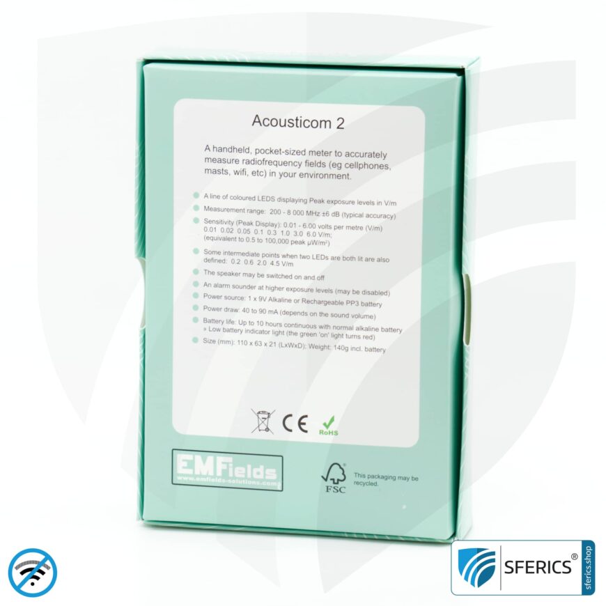 ACOUSTICOM 2 Elektrosmog Detektor | Breitband HF Messgerät für Einsteiger | Erkennung von EMF Funkstrahlung bis 8 GHz, inklusive 5G!