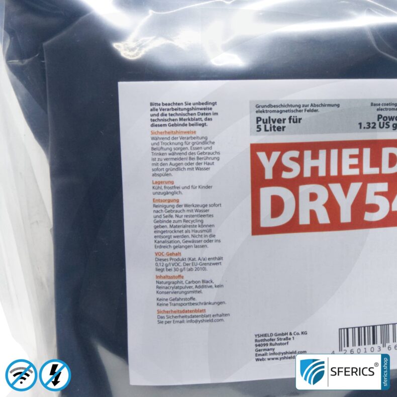 Spezial Abschirmfarbe DRY54 in Pulverform | HF Schirmdämpfung gegen Elektrosmog bis zu 84 dB bei 40 GHz | Effektiv bei 5G! | 5 Liter