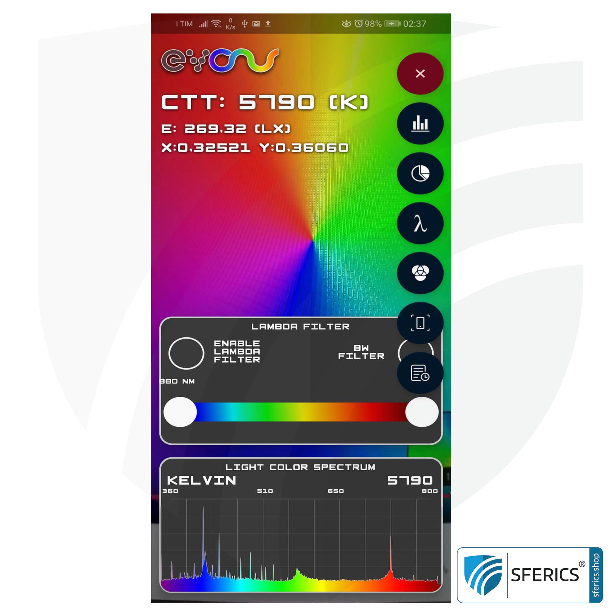 Lightspectrum Pro EVO für Android | Messung vom Lichspektrum | Farbtemperatur (Kelvin) und Wellenlängen, CRI, Lux, u.v.m.