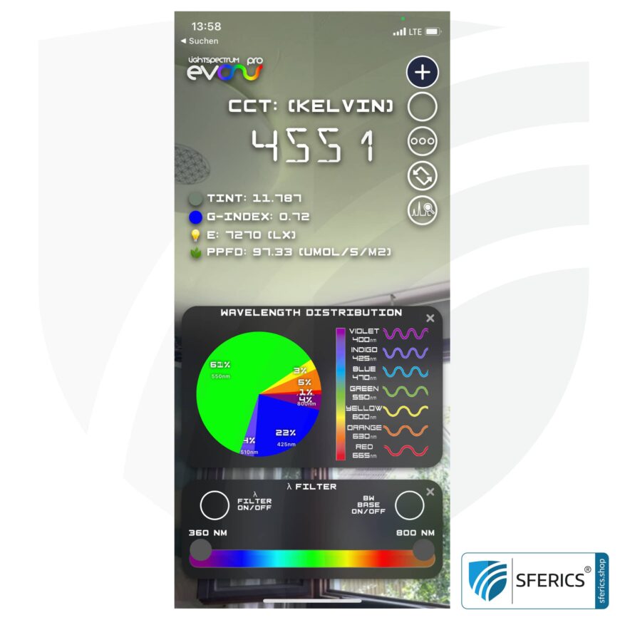 Lightspectrum Pro EVO für iPhone und iPad | Messung vom Lichspektrum | Farbtemperatur (Kelvin) und Wellenlängen, CRI, Lux, uvm.