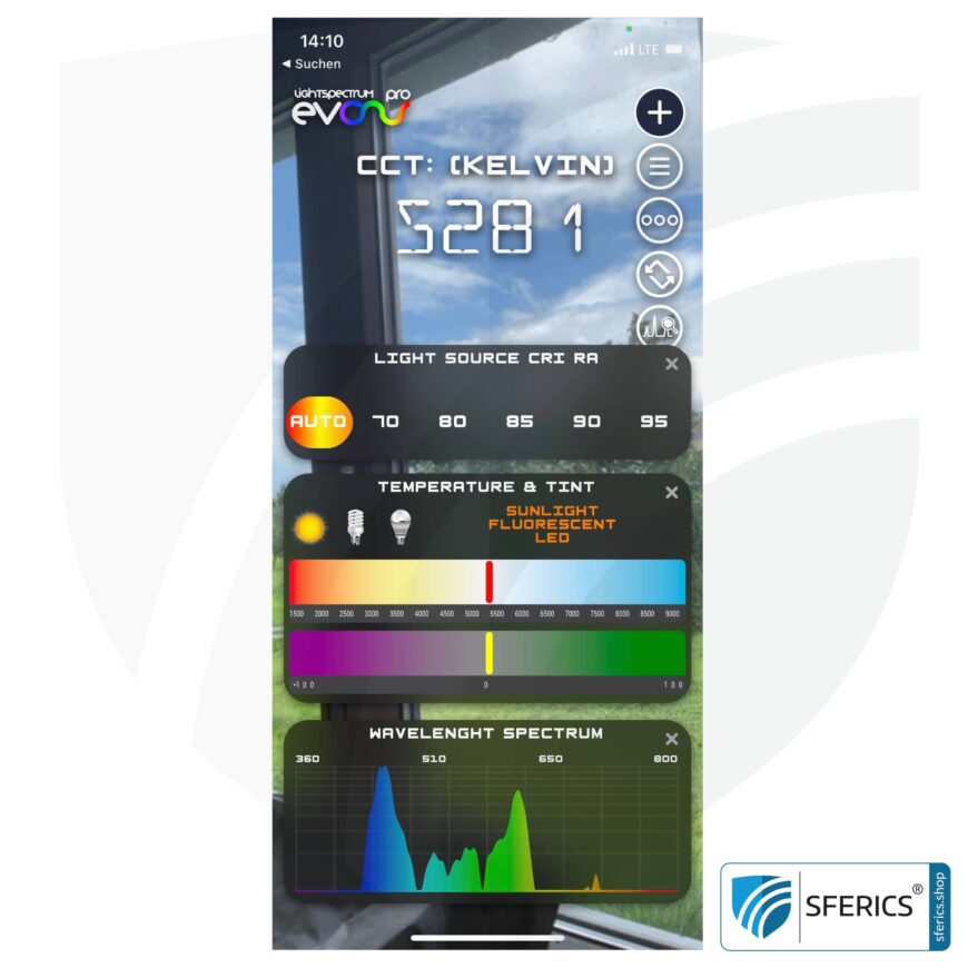 Lightspectrum Pro EVO für iPhone und iPad | Messung vom Lichspektrum | Farbtemperatur (Kelvin) und Wellenlängen, CRI, Lux, uvm.