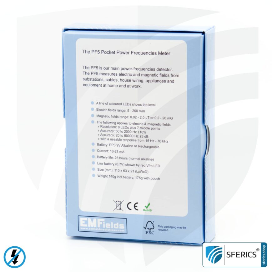 Pocket PF5 Meter | Potentialfreies Niederfrequenz Messgerät für Elektrosmog | Erkennung elektrischer Wechselfelder und Magnetfelder | Messbereich 15 bis 50.000 Hz