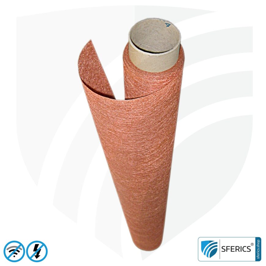 Abschirmvlies SAPHIR | Faservlies mit Kupferbeschichtung | über 99,999 % Abschirmwirkung (HF Schirmdämpfung bis 56 dB) | 100 cm Breite. Erdung NF notwendig. Wirkungsvoll gegen 5G!