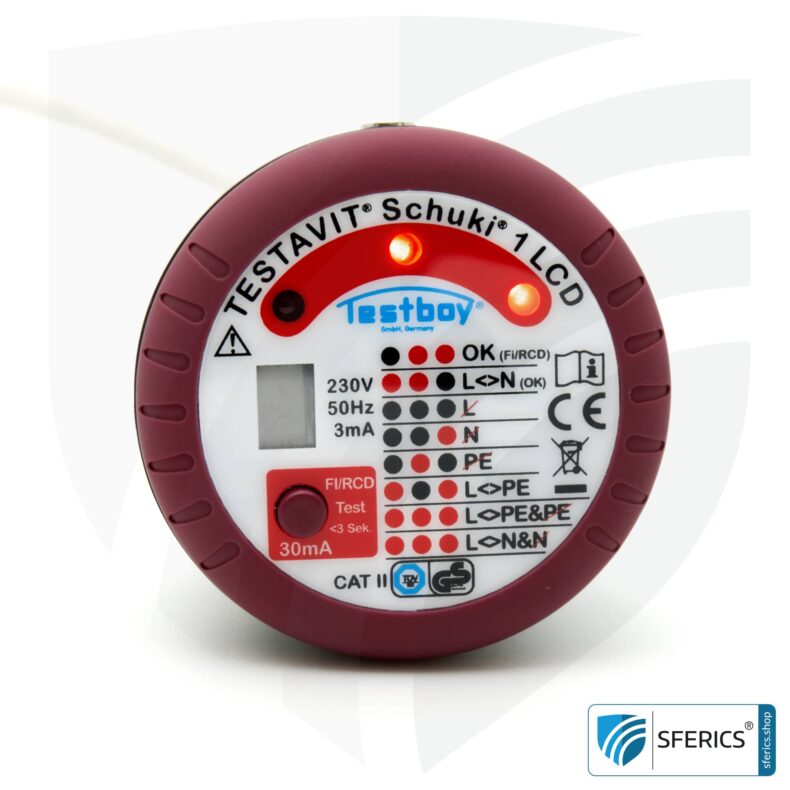 TESTAVIT SCHUKI 1 LCD | Steckdosen Sockel Tester mit FI Auslösung | Schneller Check der Erdung, Verdrahtung und FI Schutzschalter.