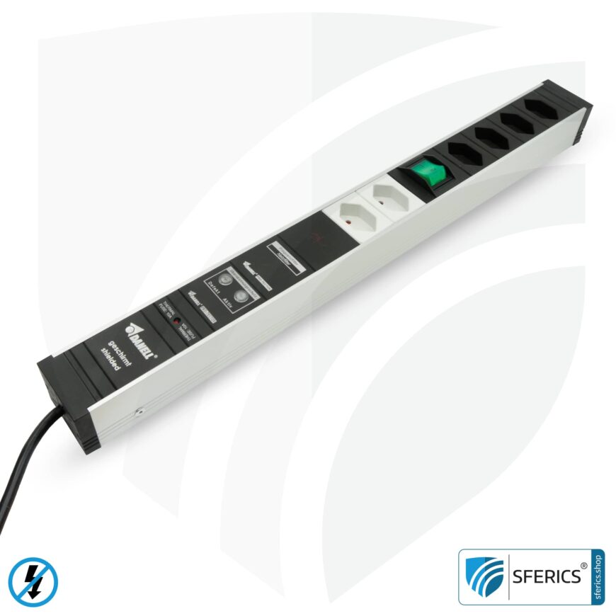 PC Steckdosenleiste 6-fach (4+2), geschirmt NF | mit Ein/Aus Schalter, Überspannungsschutz und Vollschutz HF Filtersystem bis 80 MHz | Typ J Schweiz /FL