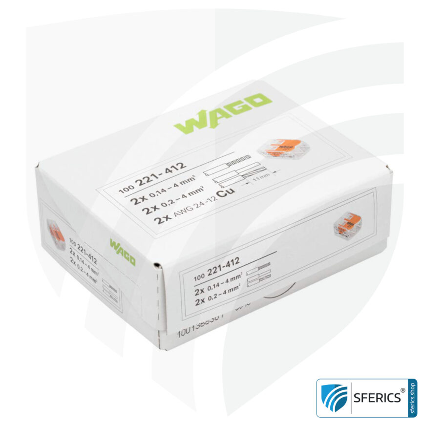 WAGO Compact Verbindungsklemme, Serie 221 | Modell 221-412 | für 2 eindrahtige, feindrahtige und mehrdrähtige Leiter | Alternative zur Lüsterklemme
