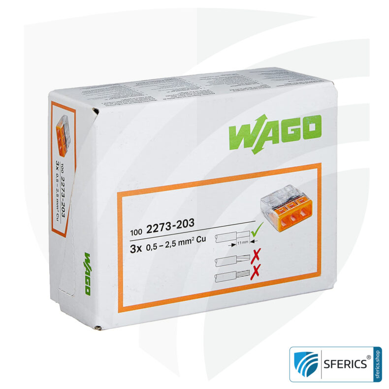 WAGO Compact Steckklemmen bzw. Verbindungsdosenklemmen | Modell 2273-203 | für 3 eindrähtige Leiter | Alternative zur Lüsterklemme