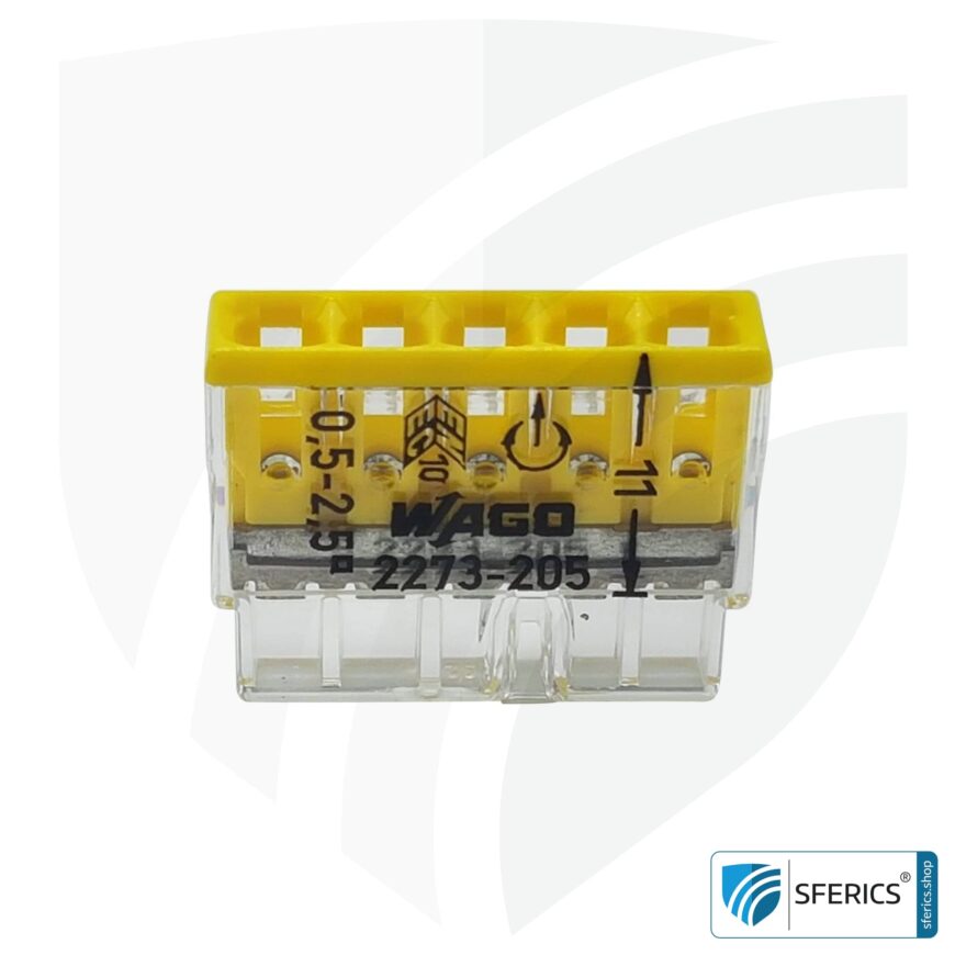 WAGO Compact Steckklemmen bzw. Verbindungsdosenklemmen | Modell 2273-205 | für 5 eindrähtige Leiter | Leiterquerschnitt 0,5 bis 2,5 mm² | 450V / 24 A | 100 Stück pro Packung