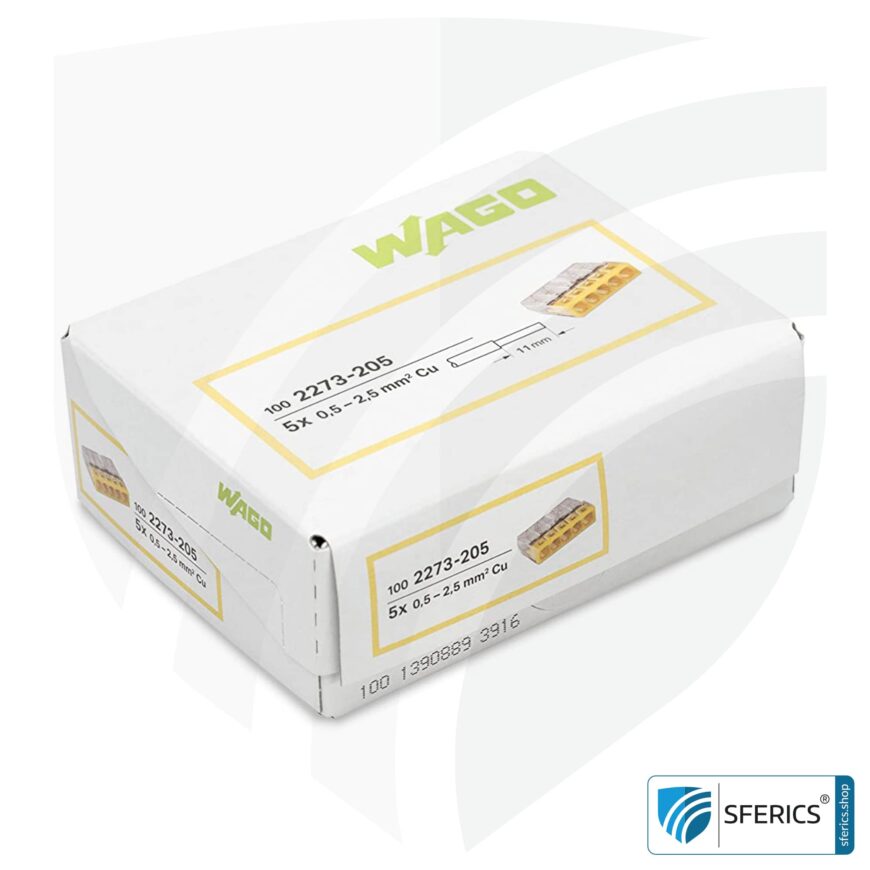WAGO Compact Steckklemmen bzw. Verbindungsdosenklemmen | Modell 2273-205 | für 5 eindrähtige Leiter | Leiterquerschnitt 0,5 bis 2,5 mm² | 450V / 24 A | 100 Stück pro Packung