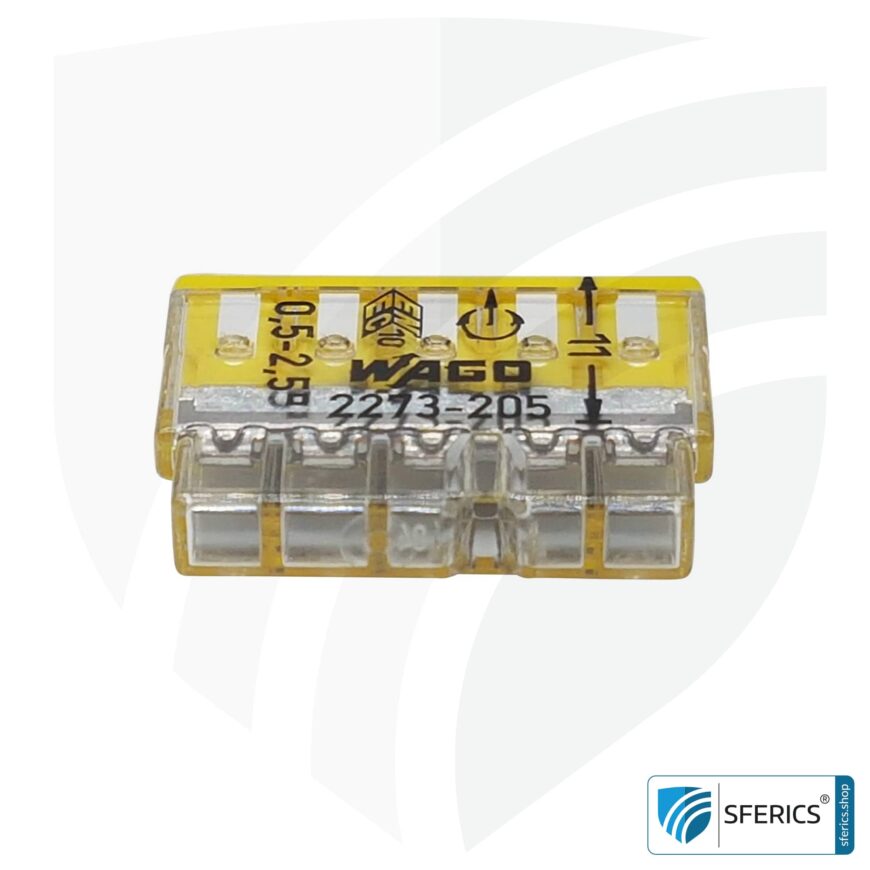 WAGO Compact Steckklemmen bzw. Verbindungsdosenklemmen | Modell 2273-205 | für 5 eindrähtige Leiter | Leiterquerschnitt 0,5 bis 2,5 mm² | 450V / 24 A | 100 Stück pro Packung