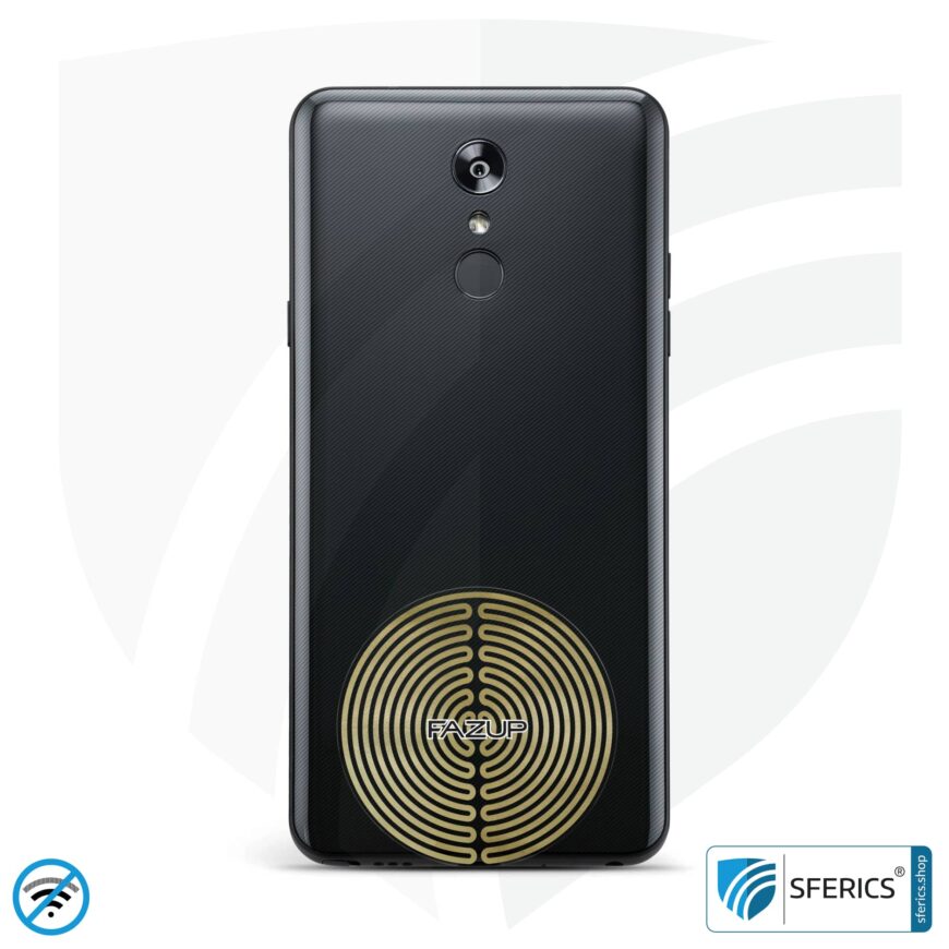 FAZUP Antennen Patch | Edition GOLD | Ferritkern fürs kabelgebundene Headset inklusive | Innovative Technologie gegen Elektrosmog | Schützt vor unnötig hoher Bestrahlung durch's eigene Mobiltelefon