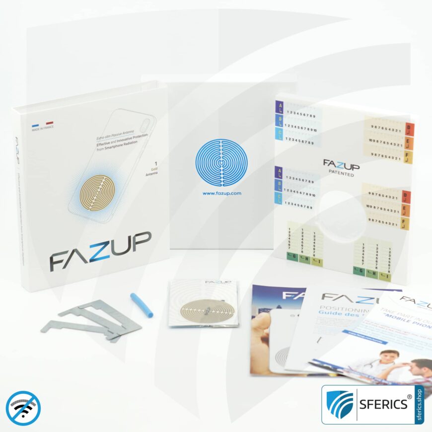 FAZUP Antennen Patch | Edition GOLD | Ferritkern fürs kabelgebundene Headset inklusive | Innovative Technologie gegen Elektrosmog | Schützt vor unnötig hoher Bestrahlung durch's eigene Mobiltelefon