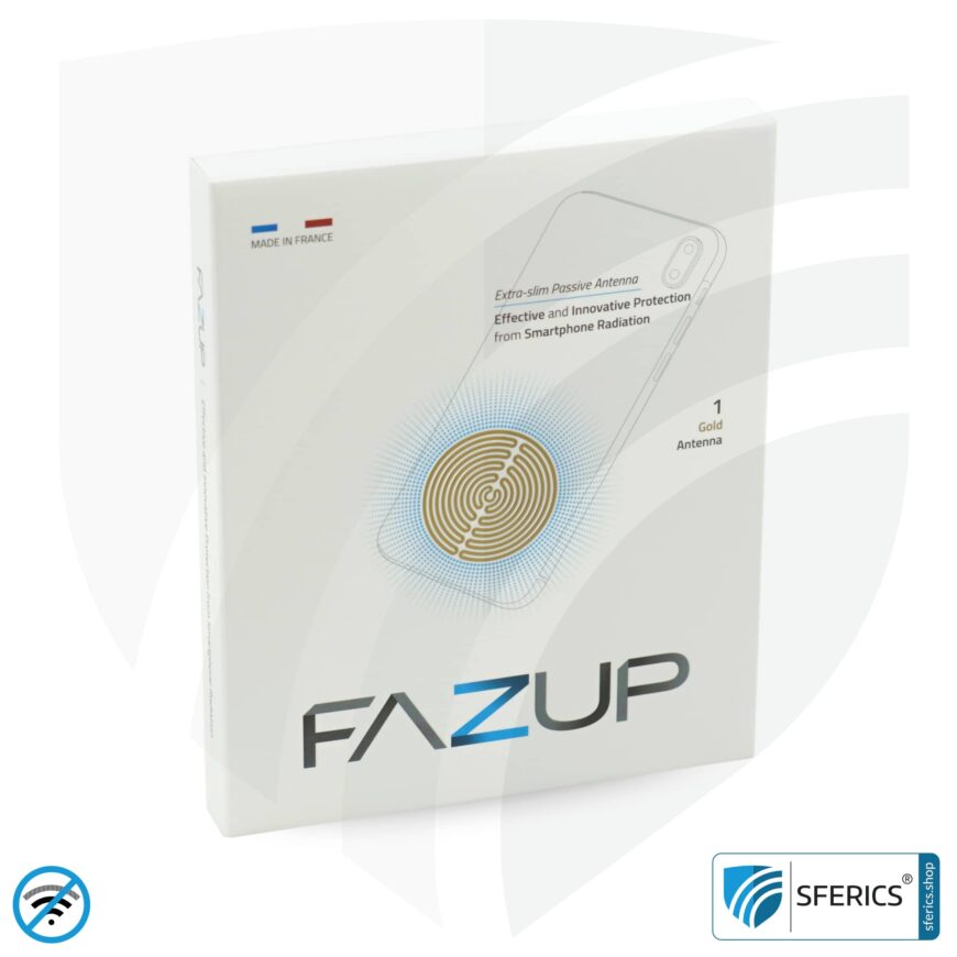 FAZUP Antennen Patch | Edition GOLD | Ferritkern fürs kabelgebundene Headset inklusive | Innovative Technologie gegen Elektrosmog | Schützt vor unnötig hoher Bestrahlung durch's eigene Mobiltelefon