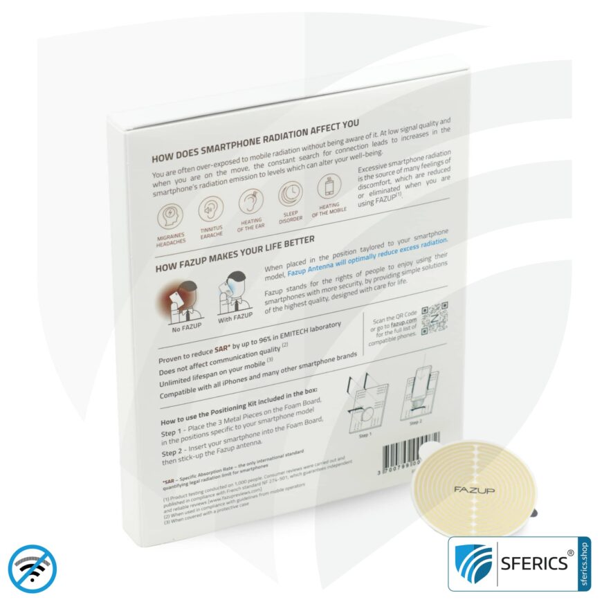 FAZUP Antennen Patch | Edition GOLD | Ferritkern fürs kabelgebundene Headset inklusive | Innovative Technologie gegen Elektrosmog | Schützt vor unnötig hoher Bestrahlung durch's eigene Mobiltelefon