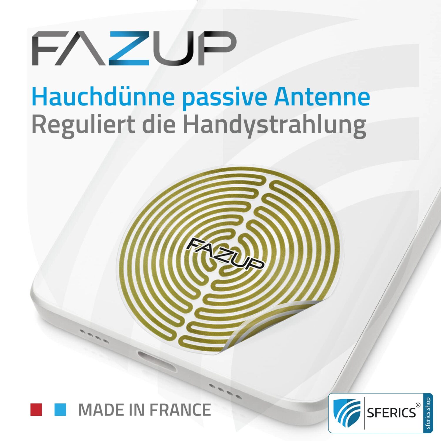 FAZUP Antennen Patch | Edition GOLD | Ferritkern fürs kabelgebundene Headset inklusive | Innovative Technologie gegen Elektrosmog | Schützt vor unnötig hoher Bestrahlung durch's eigene Mobiltelefon