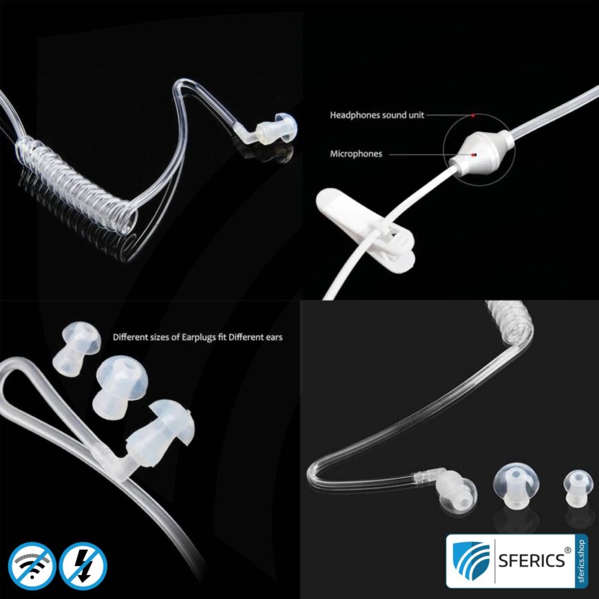 Luftkabel Anti Elektrosmog Monaural Headset mit Mikrofon | In-Ear-Headset AirTube zur Reduktion von EMF am Kopf | Klinkenstecker | Prädestiniert fürs Callcenter, Security, usw.