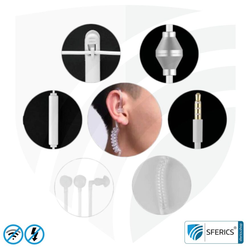 Luftkabel Anti Elektrosmog Monaural Headset mit Mikrofon | In-Ear-Headset AirTube zur Reduktion von EMF am Kopf | Klinkenstecker | Prädestiniert fürs Callcenter, Security, usw.
