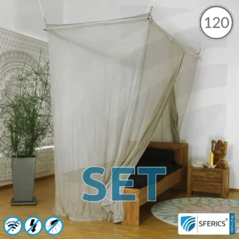 Abschirmender Baldachin Elektrosmog PRO im Set | QUEENSIZE BETT MIT 120 CM | Abschirmung Funk über 99,99 % (48 dB). Erdbar. Wirkungsvoll gegen 5G!