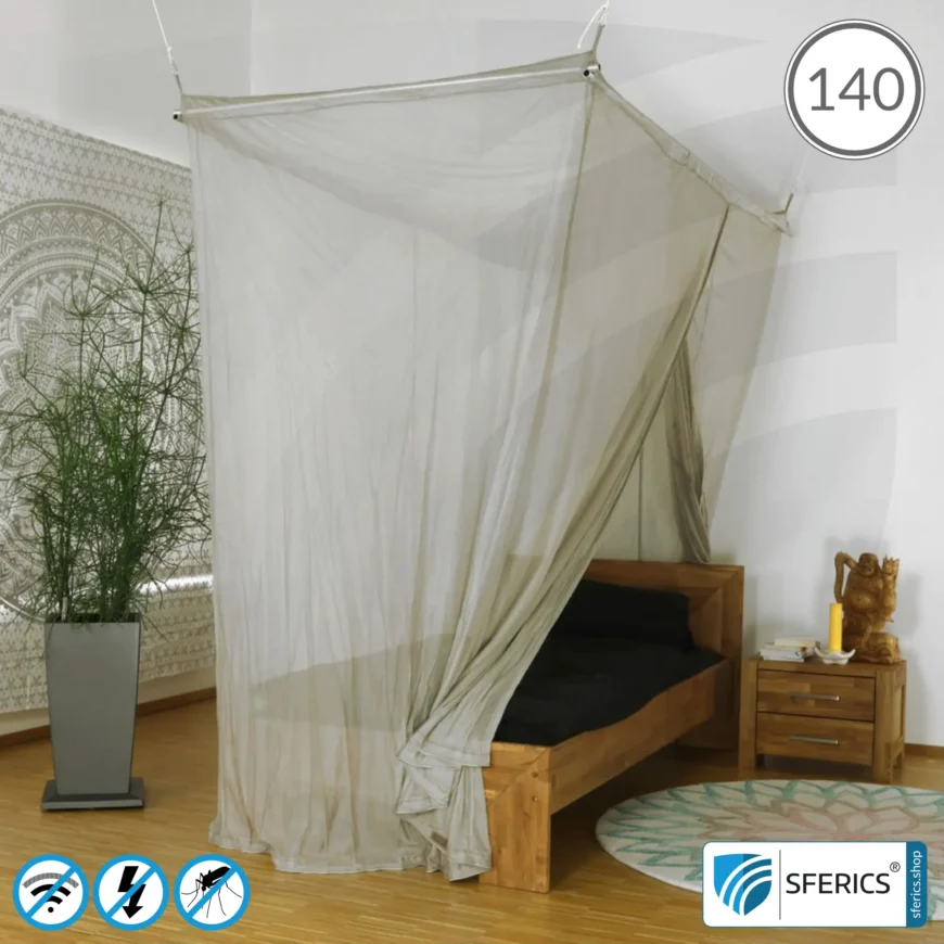 Abschirmender Baldachin Elektrosmog PRO | QUEENSIZE BETT, 140 CM | Abschirmung Funk über 99,99 % (48 dB). Erdbar. Wirkungsvoll gegen 5G!