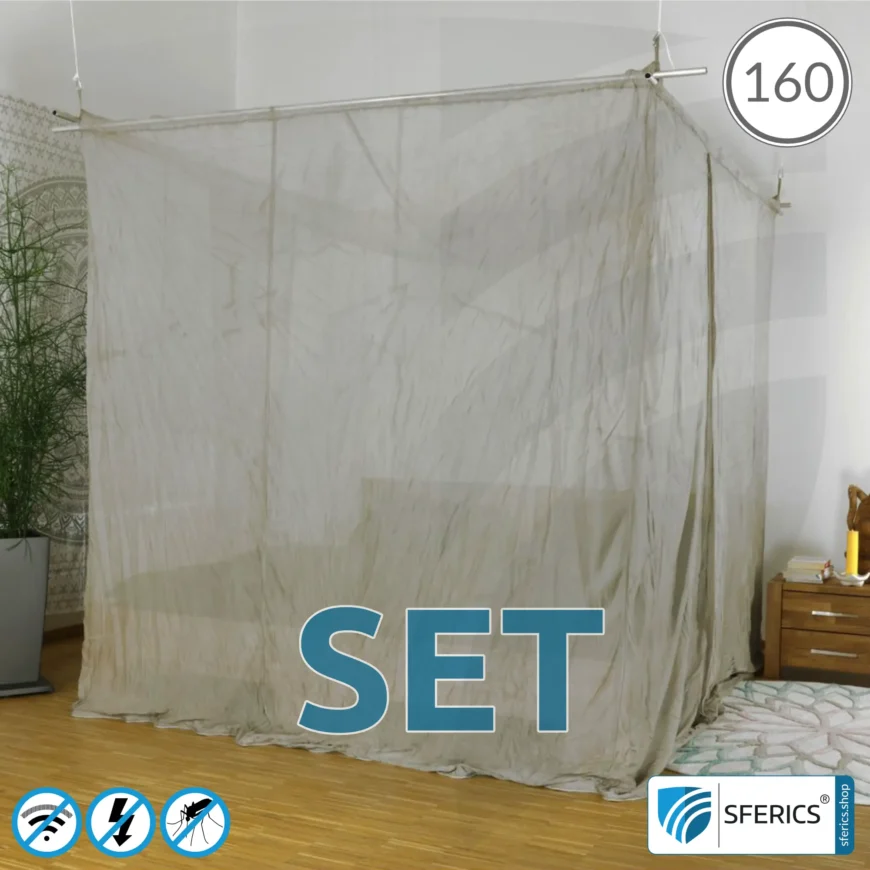 Abschirmender Baldachin Elektrosmog PRO im Set | QUEENSIZE BETT, 160 CM | Abschirmung Funk über 99,99 % (48 dB). Erdbar. Wirkungsvoll gegen 5G!