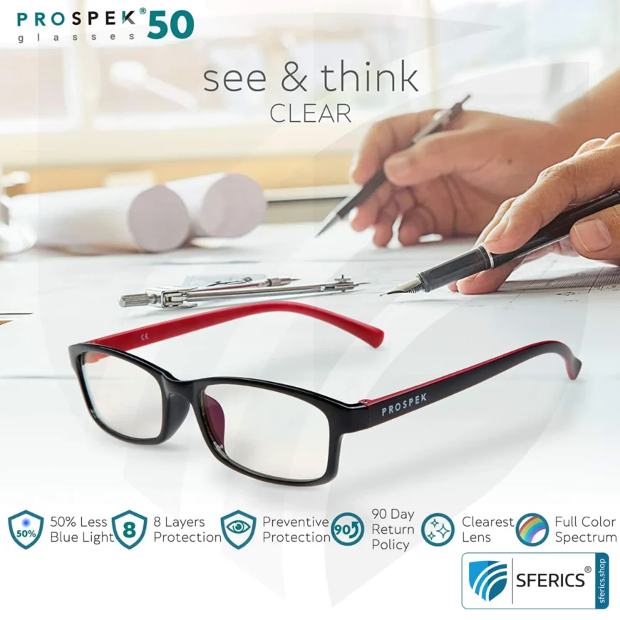 Anti Blaulicht Computer Brille PRO von PROSPEK | hochwertige Brille für die vielen Stunden pro Tag am PC, Smartphone, Tablet, Fernseher, LED-Licht, ...