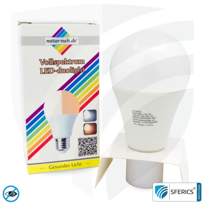 8 Watt LED Vollspektrum DuoLight | 3 Lichtfarben auf Klick: Tageslicht + Warmlicht + Neutrallicht, 700 Lumen | CRI 95 | flimmerfrei | E27 | Business Qualität