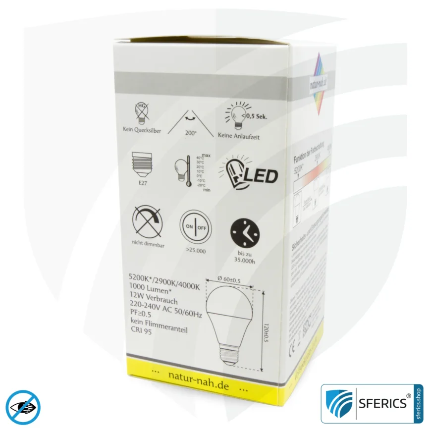 8 Watt LED Vollspektrum DuoLight | 3 Lichtfarben auf Klick: Tageslicht + Warmlicht + Neutrallicht, 700 Lumen | CRI 95 | flimmerfrei | E27 | Business Qualität