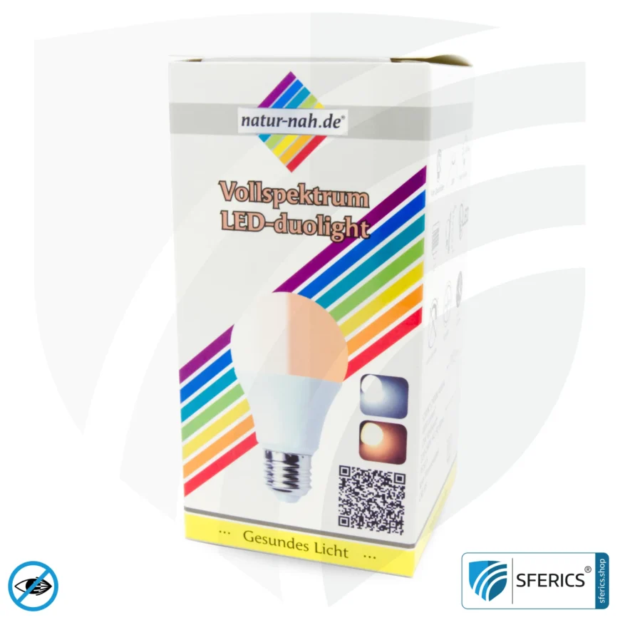 8 Watt LED Vollspektrum DuoLight | 3 Lichtfarben auf Klick: Tageslicht + Warmlicht + Neutrallicht, 700 Lumen | CRI 95 | flimmerfrei | E27 | Business Qualität