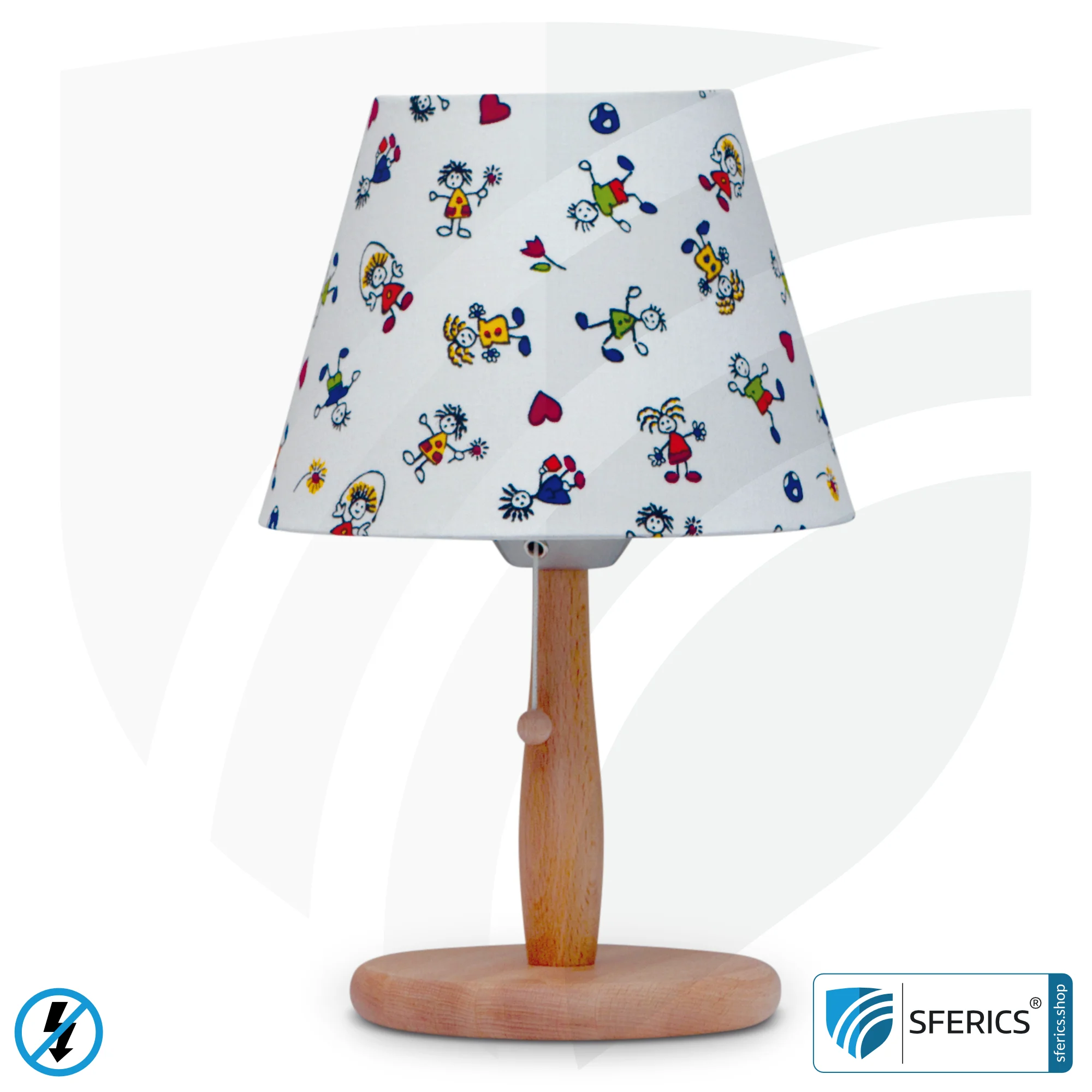 Geschirmte Tischlampe aus Buchenholz | Lampenschirm KINDER aus Baumwollgewebe | E27 Fassung