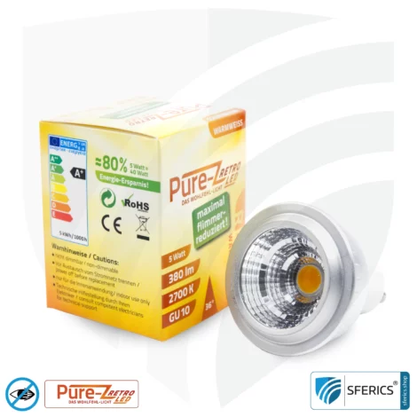 5 Watt LED Spot Pure-Z-Retro | Hell wie 40 Watt, 380 Lumen | CRI über 90 | flimmerfrei | warmweiß | GU10