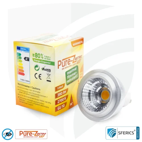 5 Watt LED Spot Pure-Z-Retro | Hell wie 40 Watt, 380 Lumen | CRI >90 | flimmerfrei | warmweiß | GU10 12 5 Watt LED Spot Pure-Z-Retro | Hell wie 40 Watt, 380 Lumen | CRI über 90 | flimmerfrei | warmweiß | GU10