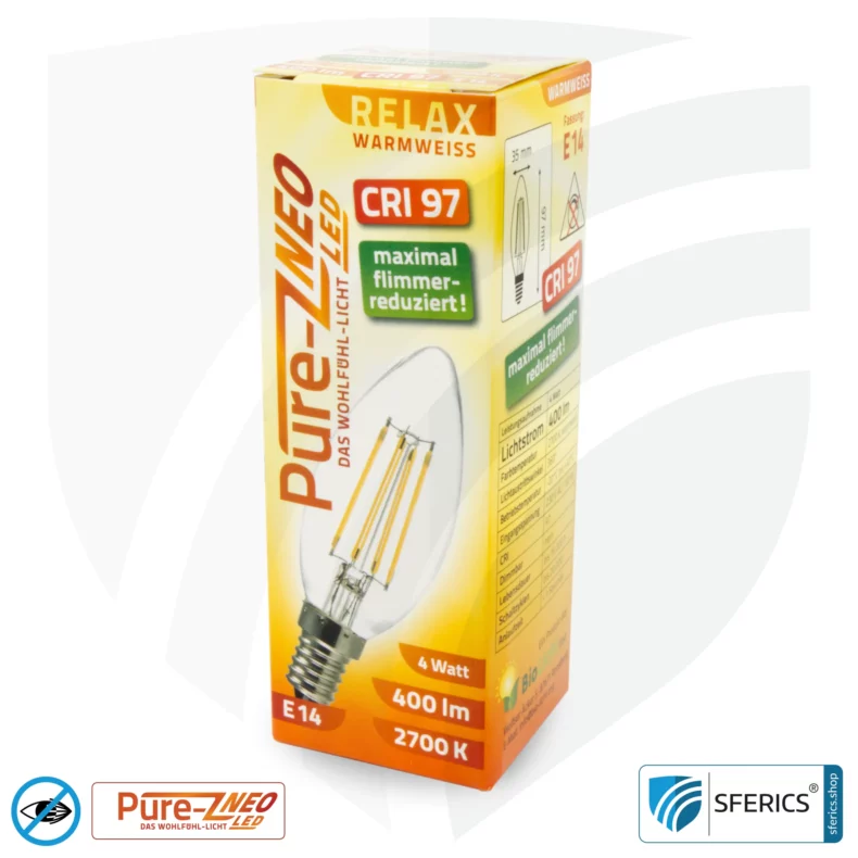 4 Watt LED Filament Kerze Pure-Z NEO | Hell wie 38 Watt, 400 Lumen | CRI 97 | flimmerfrei | warmweiß | E14 | matt
