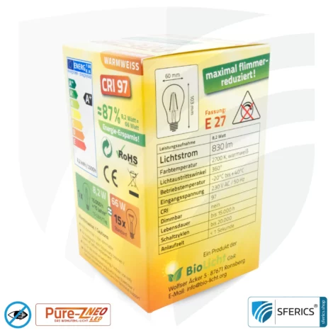 8,2 Watt LED Filament Pure-Z NEO | Hell wie 66 Watt, 830 Lumen | CRI 97 | flimmerfrei | warmweiß | E27 | matt