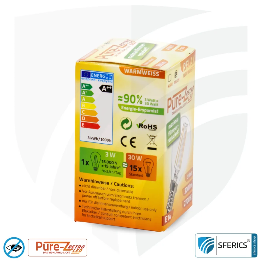 3 Watt LED Filament Pure-Z Retro | Hell wie 30 Watt, 300 Lumen | CRI über 90 | flimmerfrei | warmweiß | E14