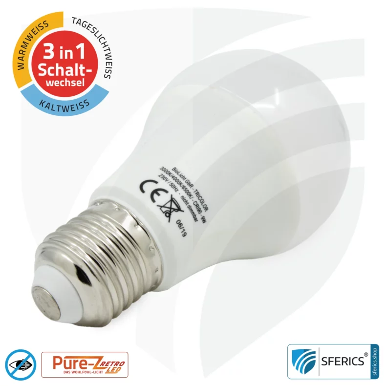 9 Watt LED TRICOLOR Pure-Z Retro | 3in1 = 3 umschaltbare Lichtfarben | Hell wie 80 Watt, 850 Lumen | CRI über 90 | flimmerfrei | E27