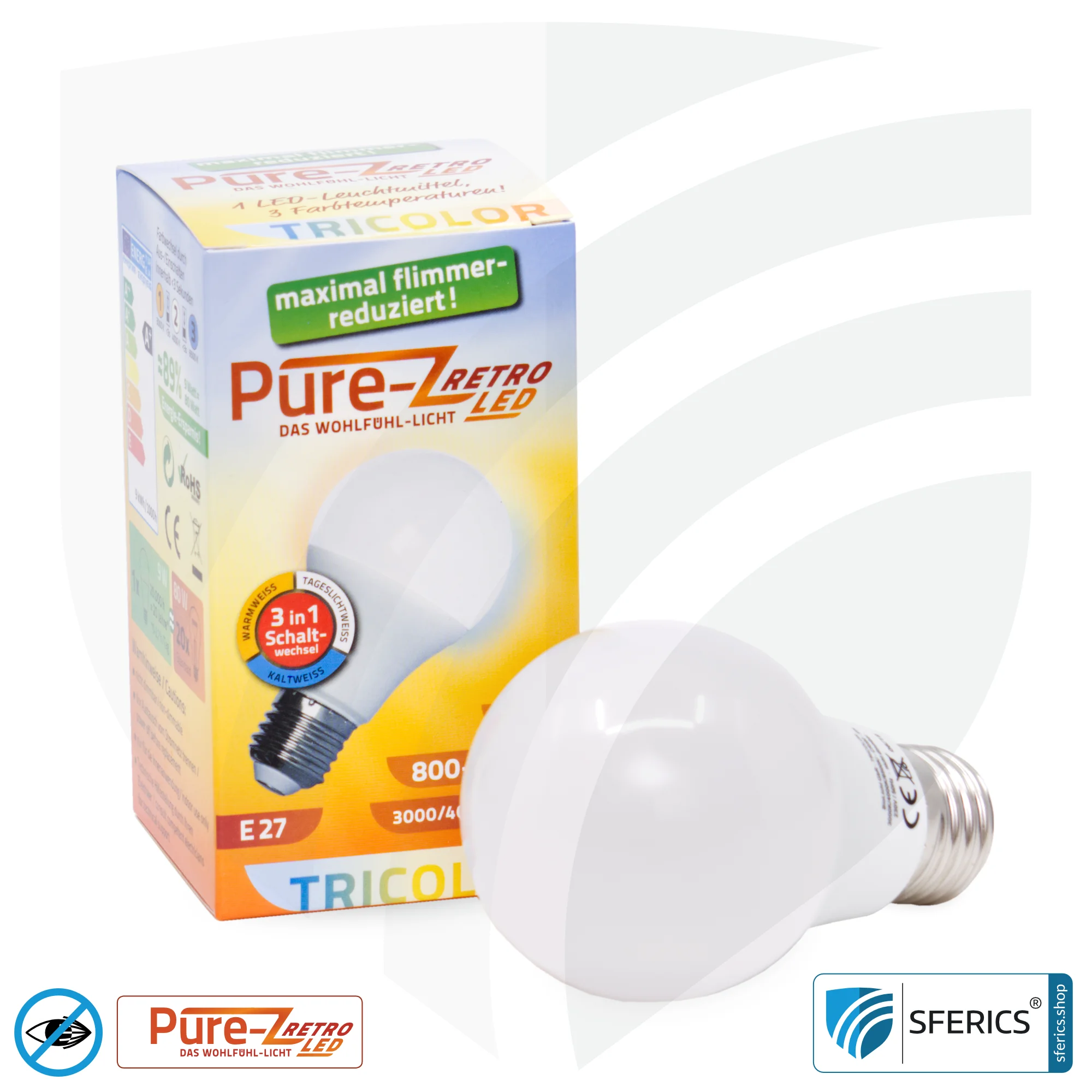 9 Watt LED TRICOLOR Pure-Z Retro | 3in1 = 3 umschaltbare Lichtfarben | Hell wie 80 Watt, 850 Lumen | CRI >90 | flimmerfrei | E27