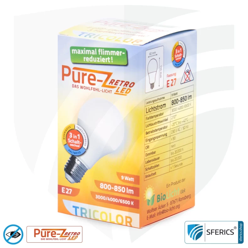 9 Watt LED TRICOLOR Pure-Z Retro | 3in1 = 3 umschaltbare Lichtfarben | Hell wie 80 Watt, 850 Lumen | CRI >90 | flimmerfrei | E27