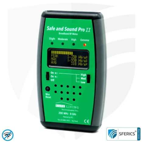 SAFE AND SOUND PRO 2 Elektrosmog Detektor | Einzigartiger Messbereich bis 2.500.000 µW/m² | Semiprofi Breitband HF Messgerät für Einsteiger | Erkennung von EMF Funkstrahlung bis 8 GHz, inklusive 5G!