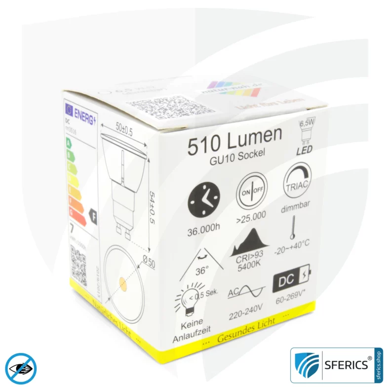 6,5 Watt LED Spot Vollspektrum 3step | Dimmbar mit LED Dimmer | Hell wie 35 Watt, 510 Lumen | CRI über 93 | flimmerfrei | Tageslicht | GU10 | Business Qualität