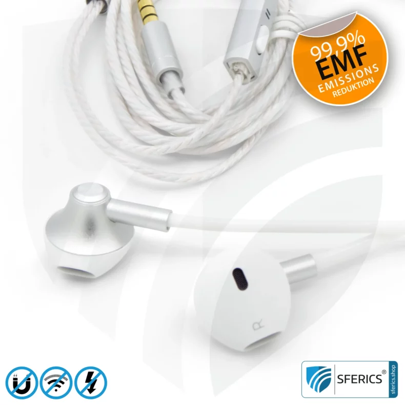 Luftkabel In-Ear Stereo Headset mit Mikrofon | Air Tube MINI | strahlungsfreie Technologie ohne Elektrosmog | weiss-silber | mit Klinkenstecker