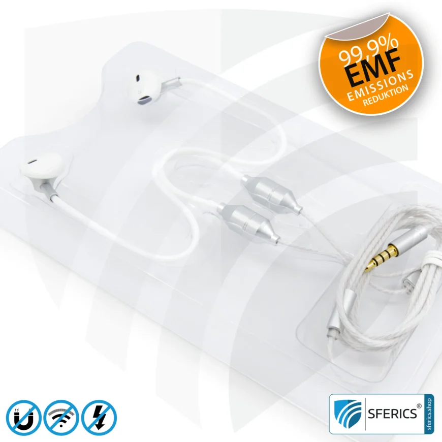 Luftkabel In-Ear Stereo Headset mit Mikrofon | Air Tube MINI | strahlungsfreie Technologie ohne Elektrosmog | weiss-silber | mit Klinkenstecker