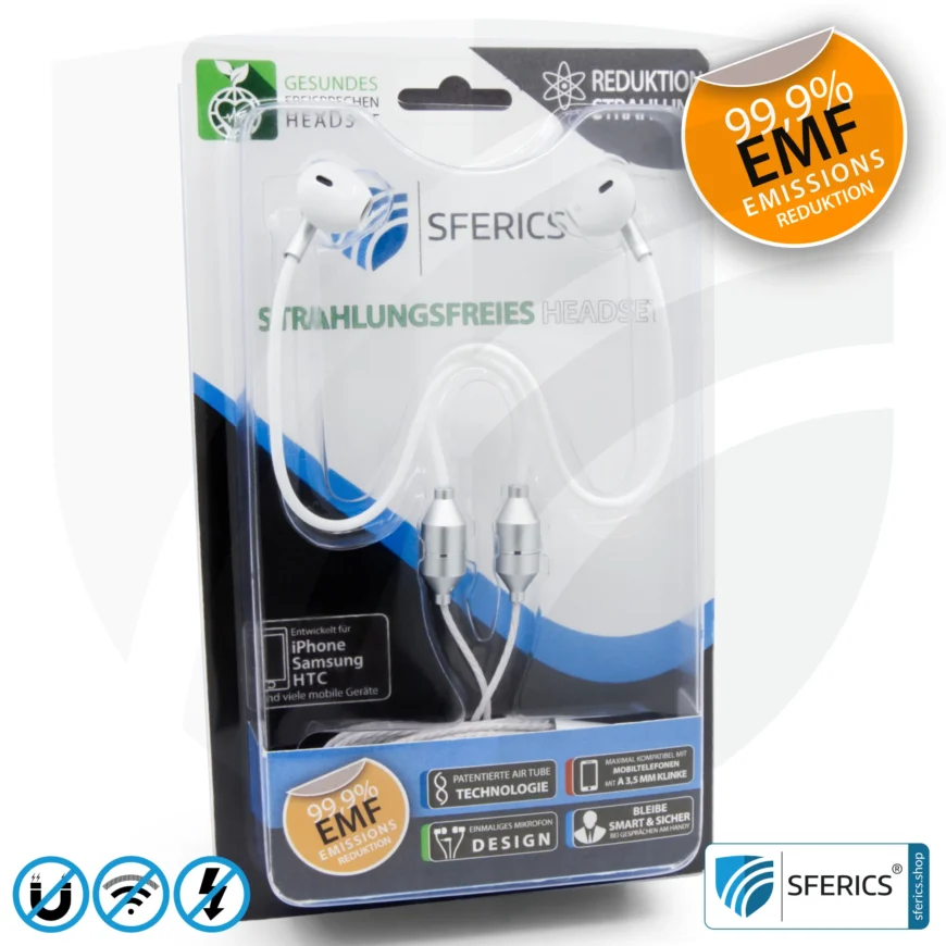 Luftkabel In-Ear Stereo Headset mit Mikrofon | Air Tube MINI | strahlungsfreie Technologie ohne Elektrosmog | weiss-silber | mit Klinkenstecker