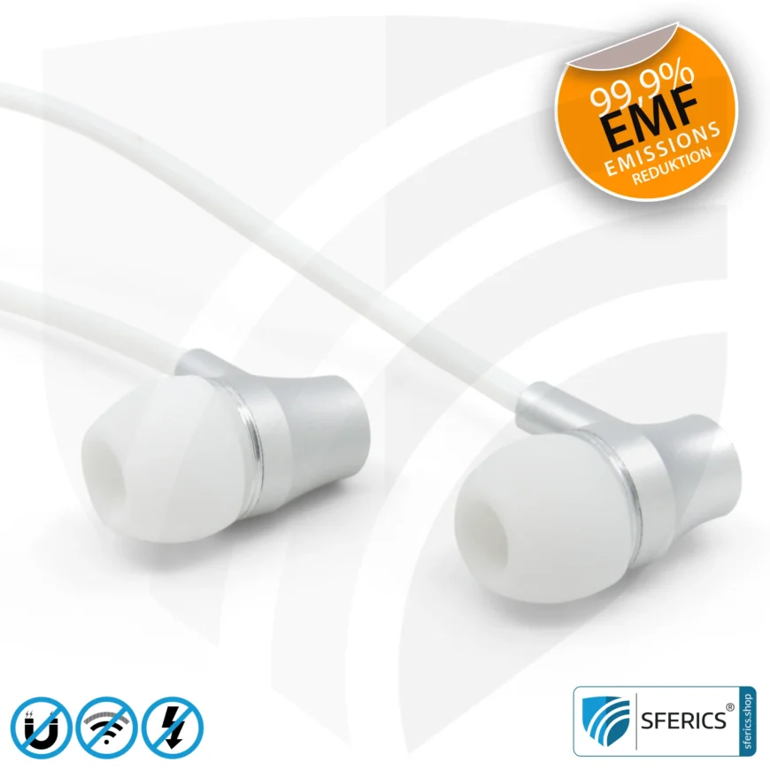 Luftkabel In-Ear Stereo Headset mit Mikrofon | Variante SFERICS® SMART | Anti EMF Airtube Technologie ohne Elektrosmog | weiss-silber | Klinkenstecker