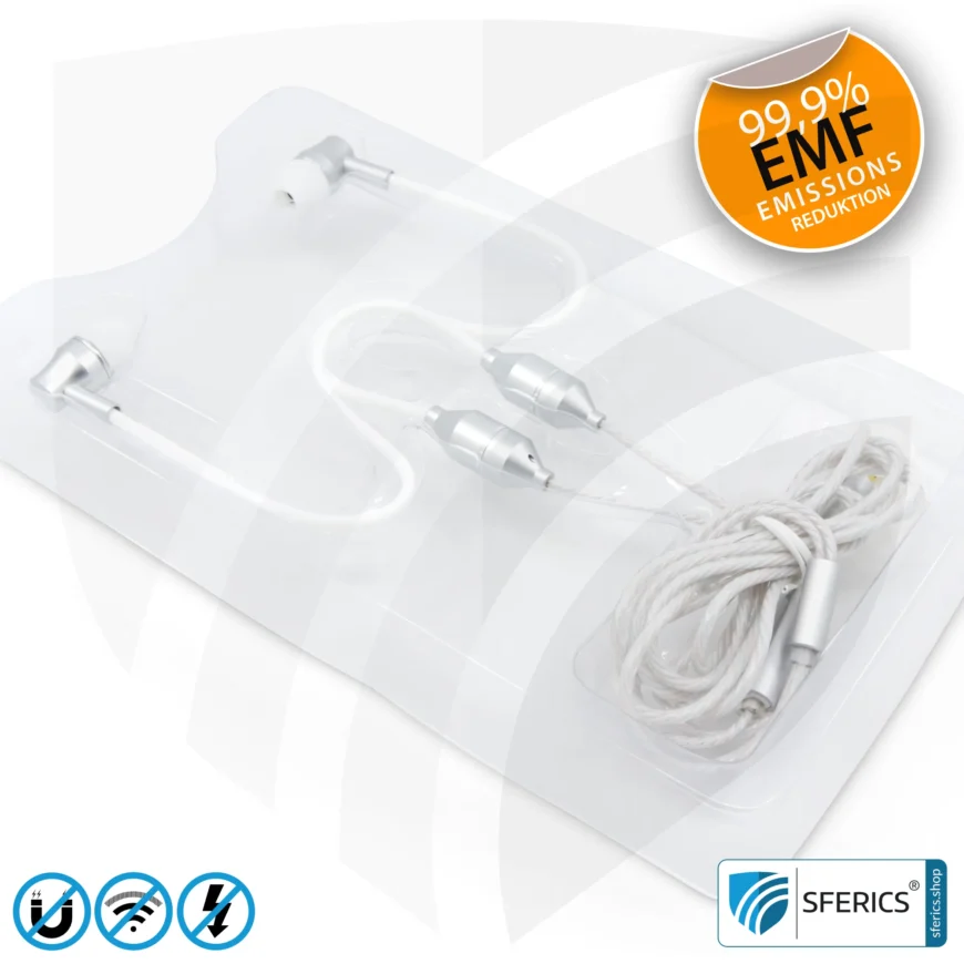 Luftkabel In-Ear Stereo Headset mit Mikrofon | Variante SFERICS® SMART | Anti EMF Airtube Technologie ohne Elektrosmog | weiss-silber | Klinkenstecker