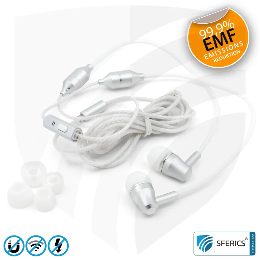 Luftkabel In-Ear Stereo Headset mit Mikrofon | Variante SFERICS® SMART | Anti EMF Airtube Technologie ohne Elektrosmog | weiss-silber | Klinkenstecker